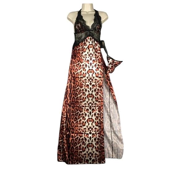 NWT Frederick's of Hollywood Rosalina Rose Cheetah Lace & Satin Gown Thong S - Picture 3 of 6